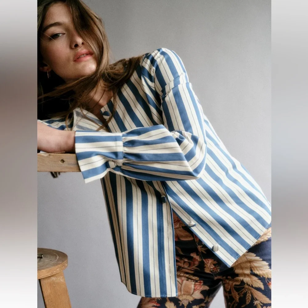 NWT Sézane Celeste Blue and White Striped Blouse Shirt Sz 4 - Picture 1 of 5